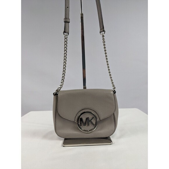 Michael Kors Fulton Crossbody Bag Purse Grey Pebbled Leather Silver Chain Small